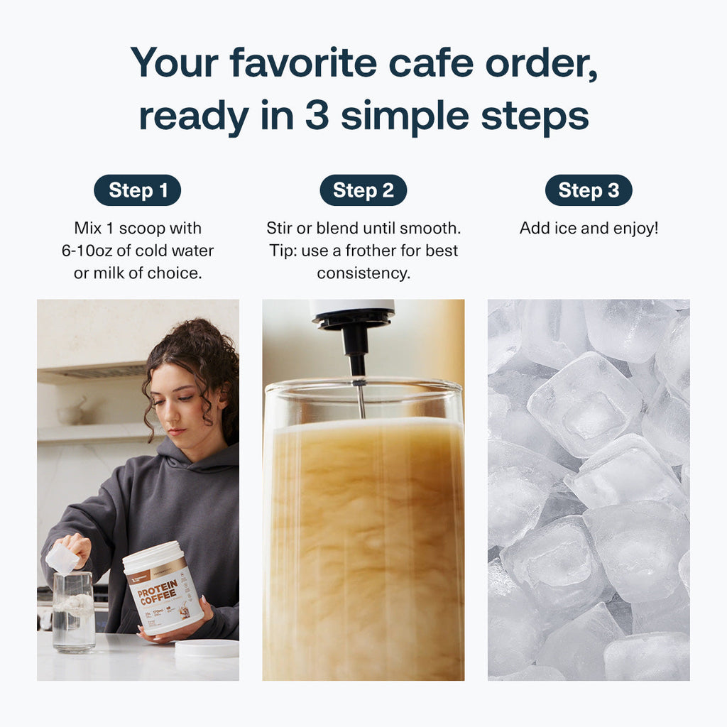 all - 3-step instructions for preparing protein coffee: mix 1 scoop with 6 to 10 ounces of water or milk, stir or blend until smooth, then add ice and enjoy. Tip: use a frother for best consistency.