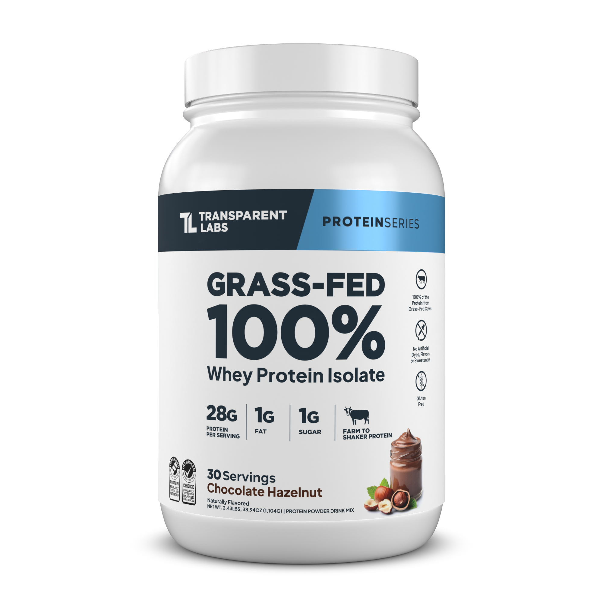 Transparent Labs Grass-Fed Whey Protein Isolate, Chocolate Hazelnut, 2LB container