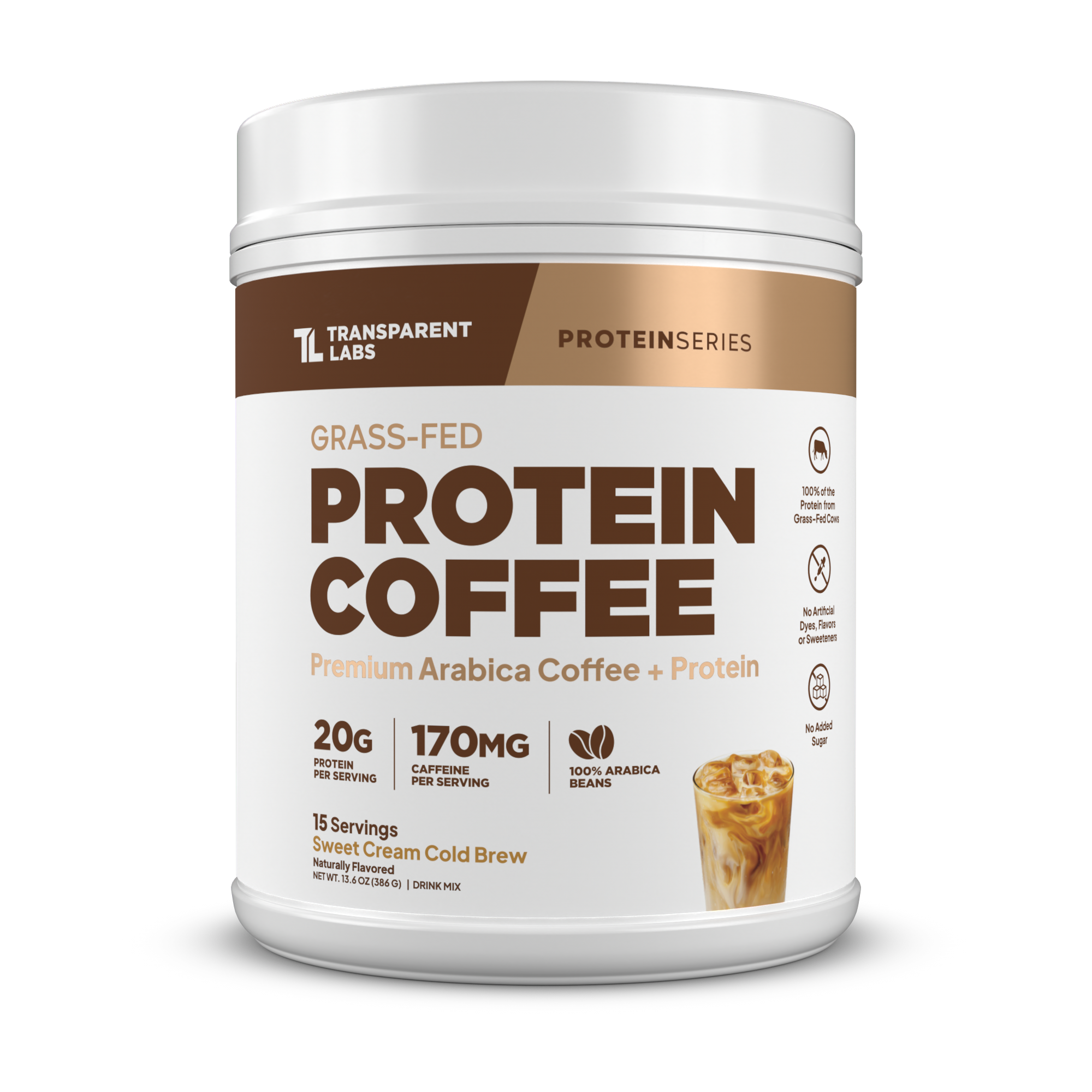 Transparent Labs Grass-Fed Protein Coffee, Sweet Cream Cold Brew, 15 Servings