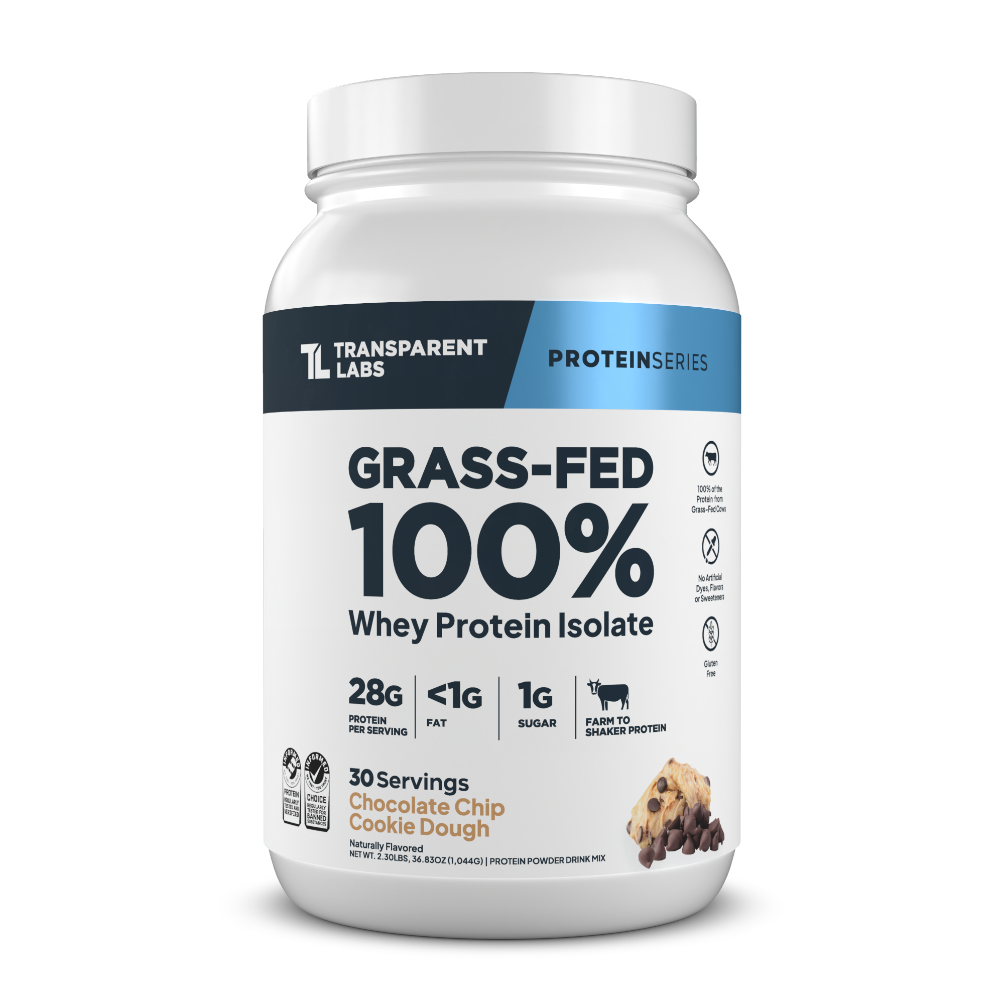 Transparent Labs Grass-Fed Whey Protein Isolate, Chocolate Chip Cookie Dough, 2LB container
