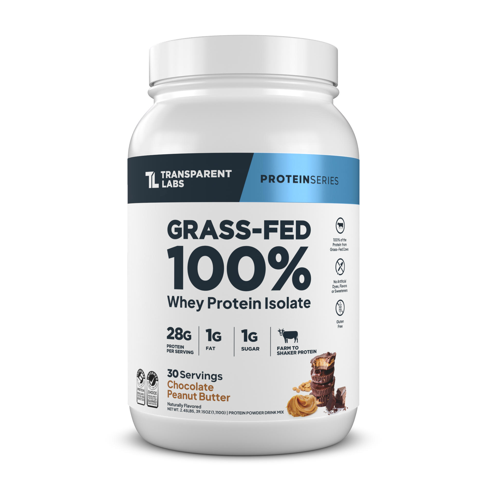 Transparent Labs Grass-Fed Whey Protein Isolate, Chocolate Peanut Butter, 2LB container