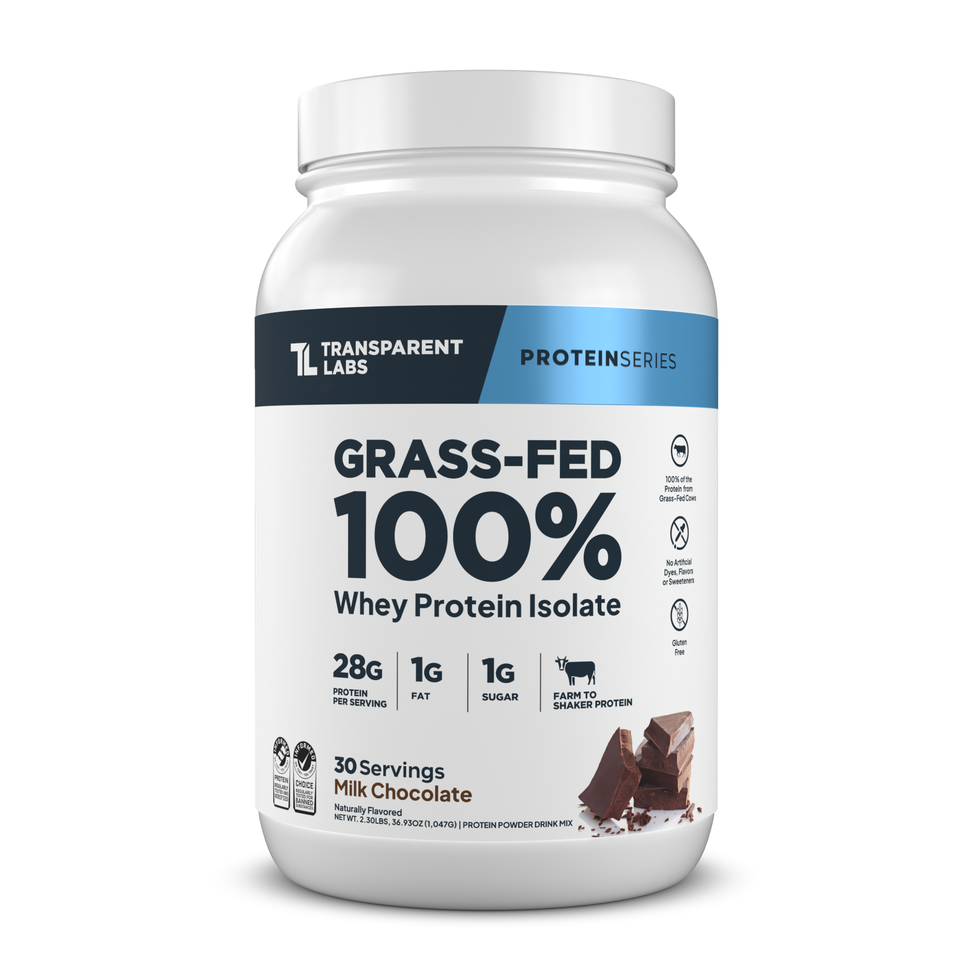 Transparent Labs Grass-Fed Whey Protein Isolate, Milk Chocolate, 2LB container
