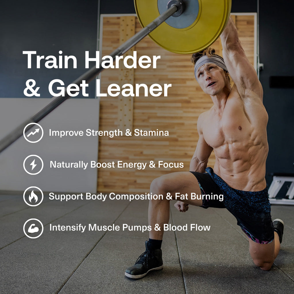 all|Athlete performing an overhead barbell lunge in a gym. Text reads: ‘Train harder & get leaner,’ with benefits including improved strength and stamina, boosted energy and focus, body composition and fat-burning support, and intensified muscle pumps and blood flow.