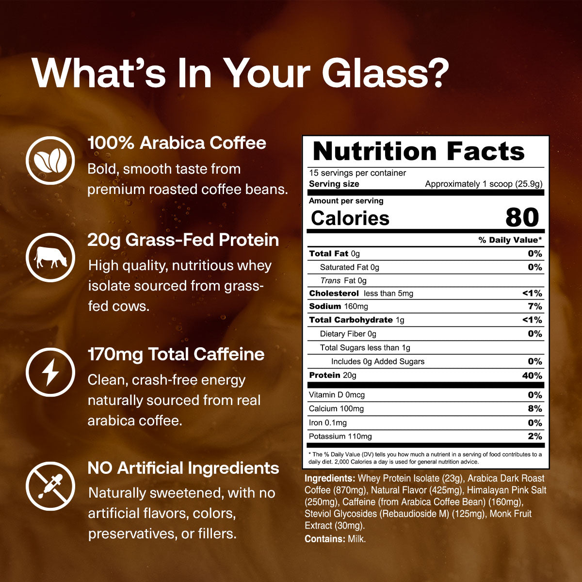 Iced Latte - Nutrition Facts for Iced Latte Protein Coffee: 15 servings per container; serving size approximately 1 scoop, 25.9 g; 90 calories; 0 g fat; 0 mg cholesterol; 160 mg sodium; 2 g carbohydrate; 0 g fiber; less than 1 g sugars; 0 g added sugars; 20 g protein.