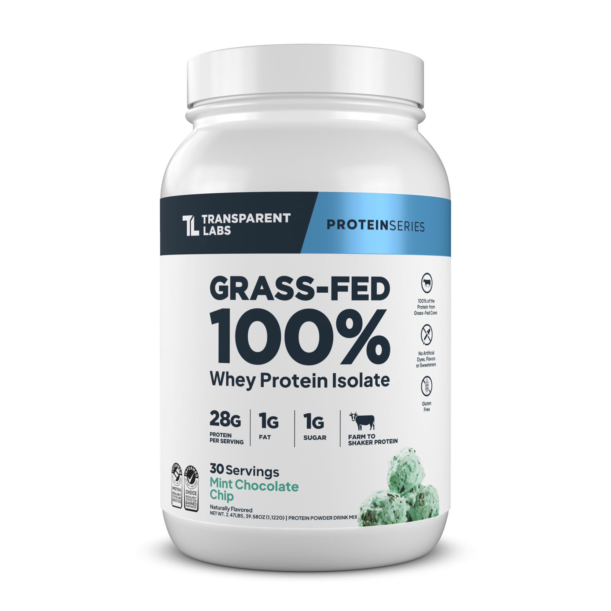 Transparent Labs Grass-Fed Whey Protein Isolate, Mint Chocolate Chip, 2LB container