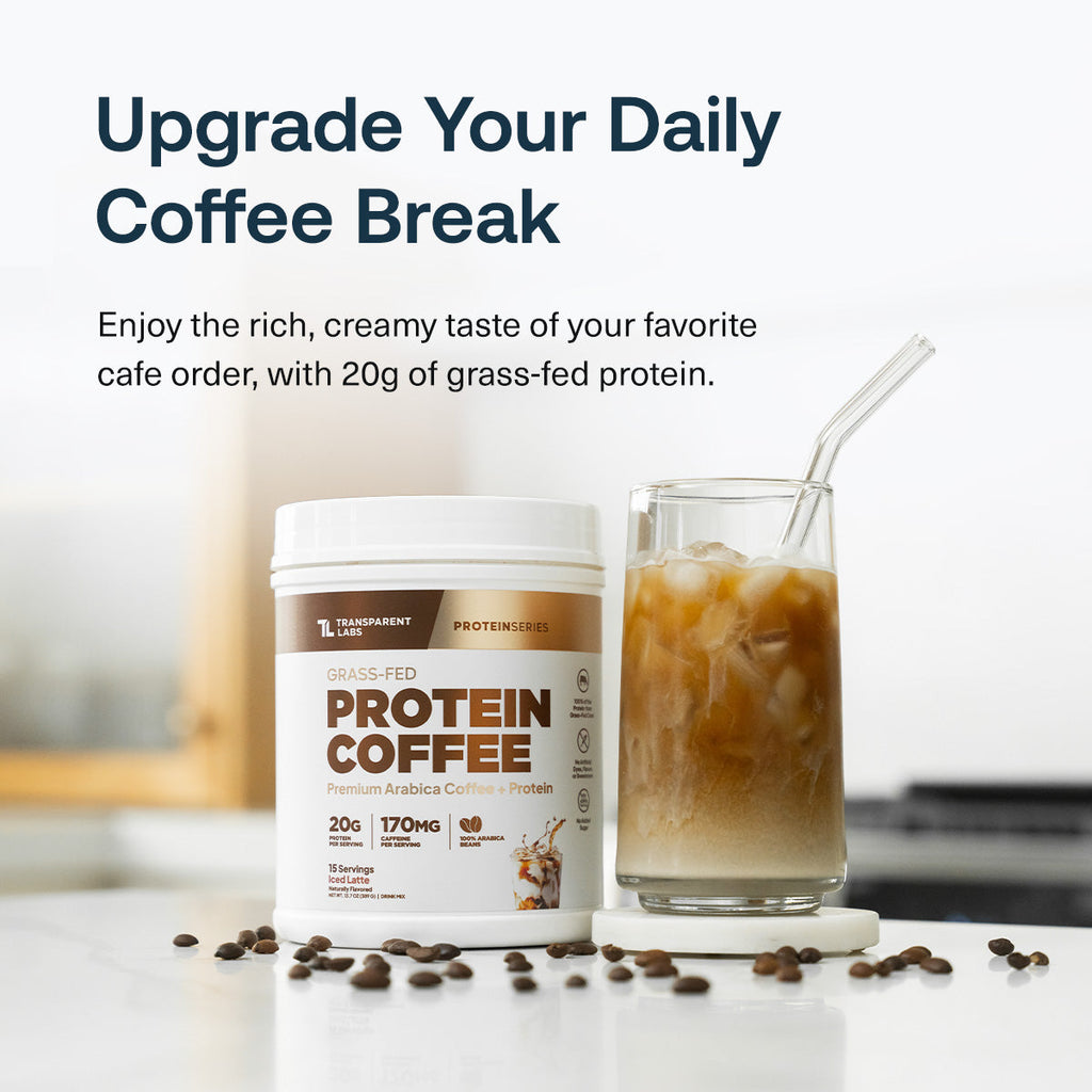 all - Container of grass-fed protein coffee beside a glass of iced coffee.