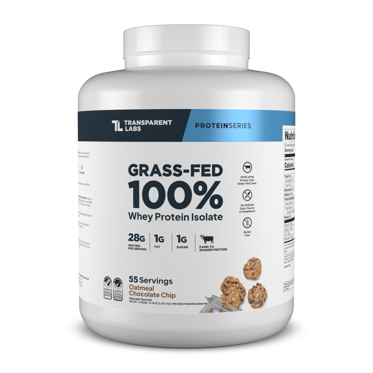 Transparent Labs Grass-Fed Whey Protein Isolate, Oatmeal Chocolate Chip Cookie, 4LB container