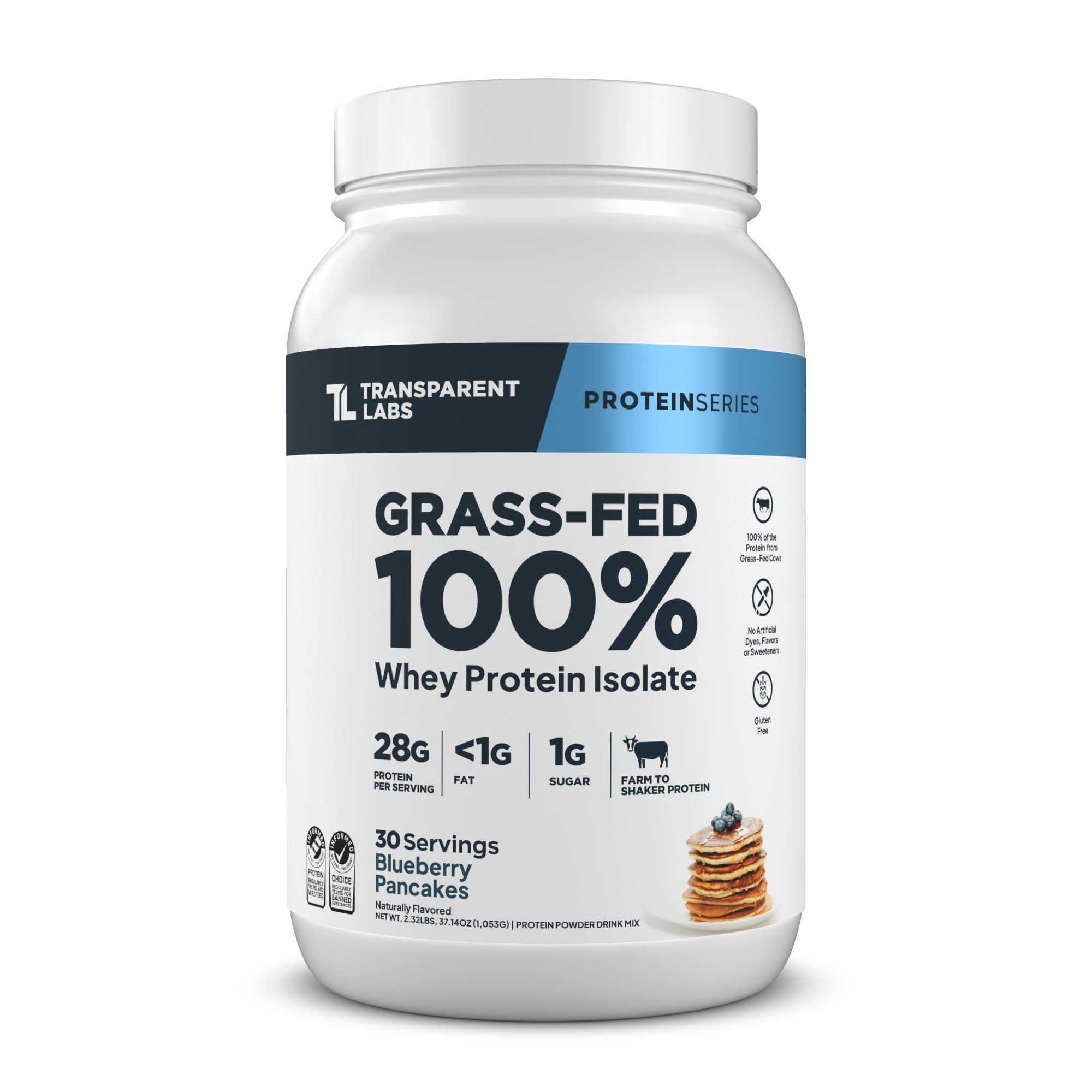 Transparent Labs Grass-Fed Whey Protein Isolate, Blueberry Pancakes, 2LB container