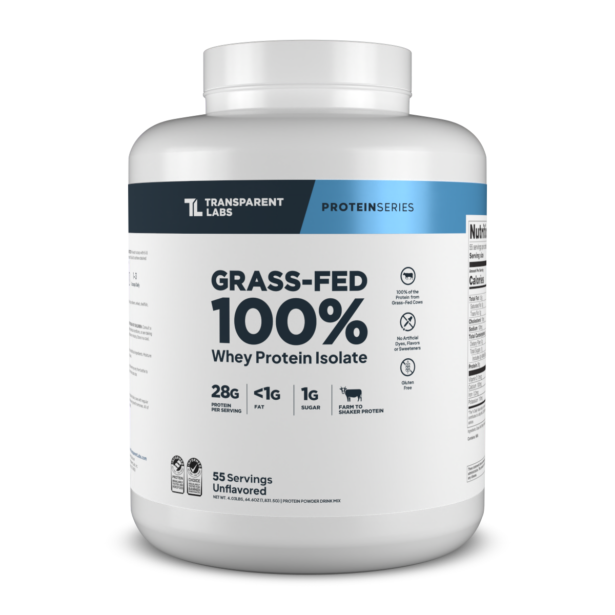 Transparent Labs Grass-Fed Whey Protein Isolate, Unflavored, 4LB container