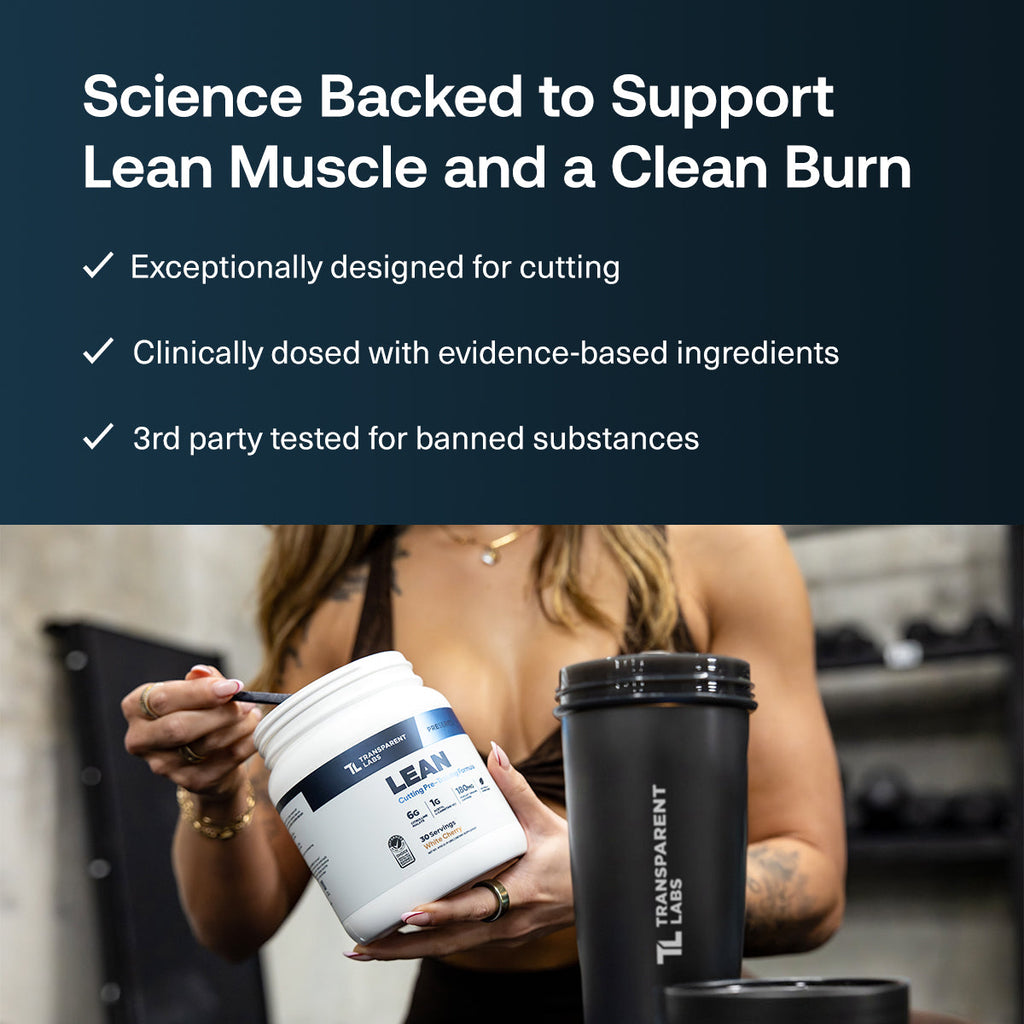 all|Transparent Labs LEAN supplement and shaker in a gym. Text reads: ‘Science backed to support lean muscle and a clean burn,’ with claims for cutting, clinically dosed ingredients, and third-party banned-substance testing
