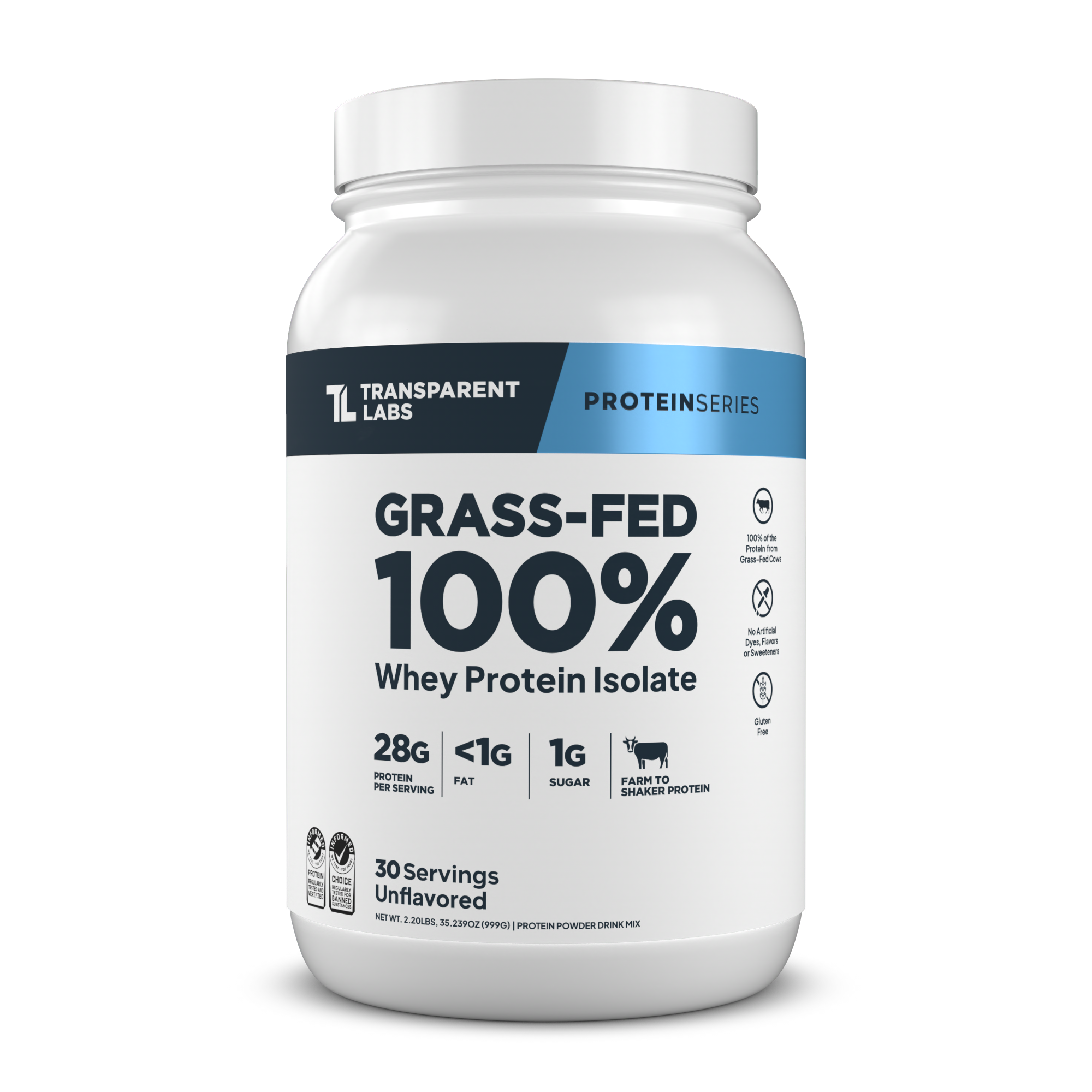 Transparent Labs Grass-Fed Whey Protein Isolate, Unflavored, 2LB container