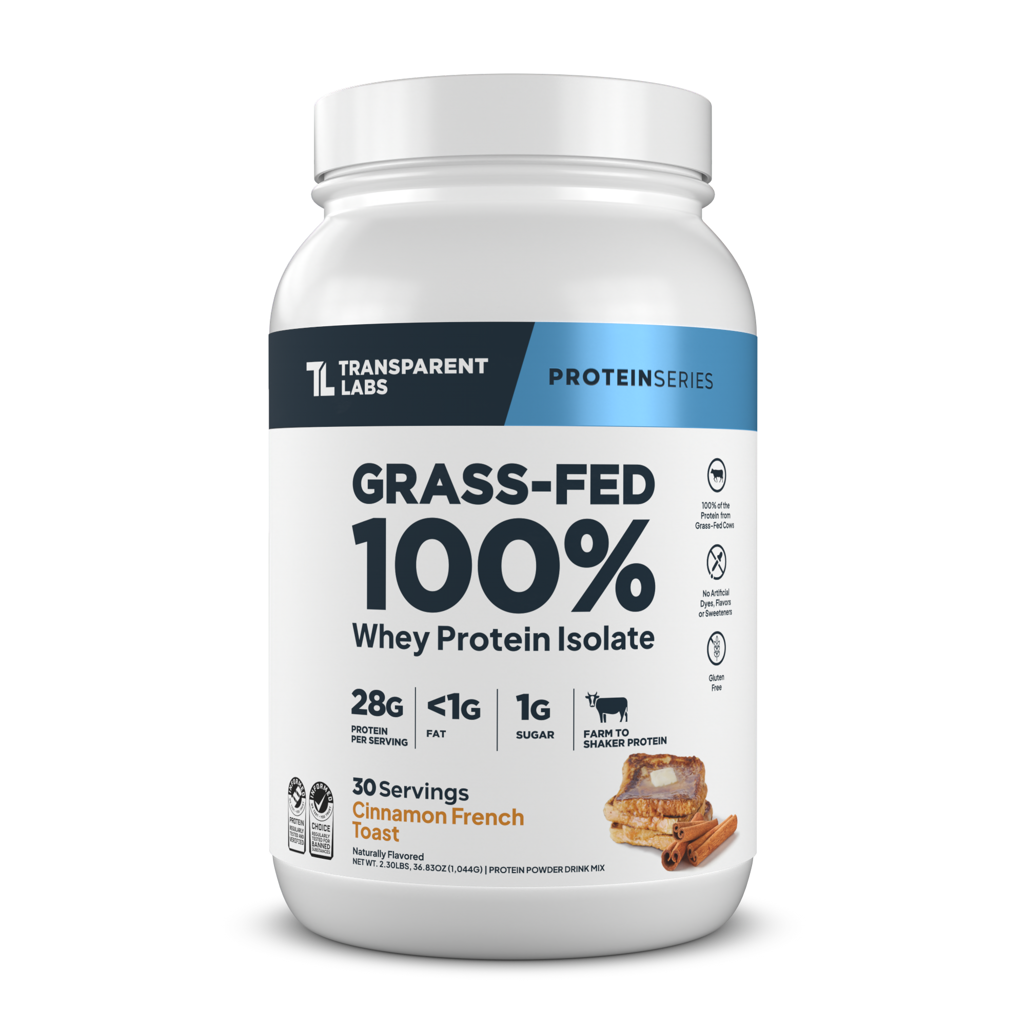 Transparent Labs Grass-Fed Whey Protein Isolate, Cinnamon French Toast, 2LB container