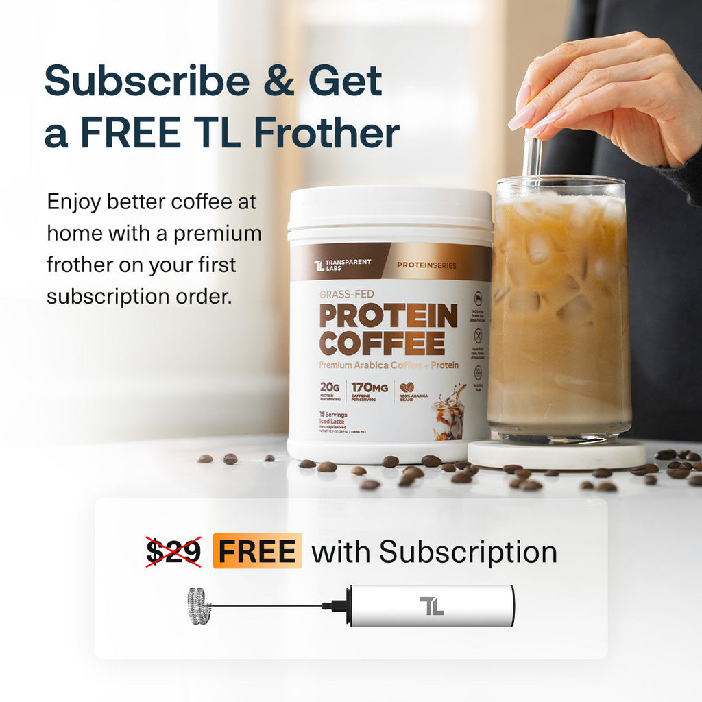 all - Promotional graphic for protein coffee subscription, get a free TL frother with your first subscription order. $29 value.