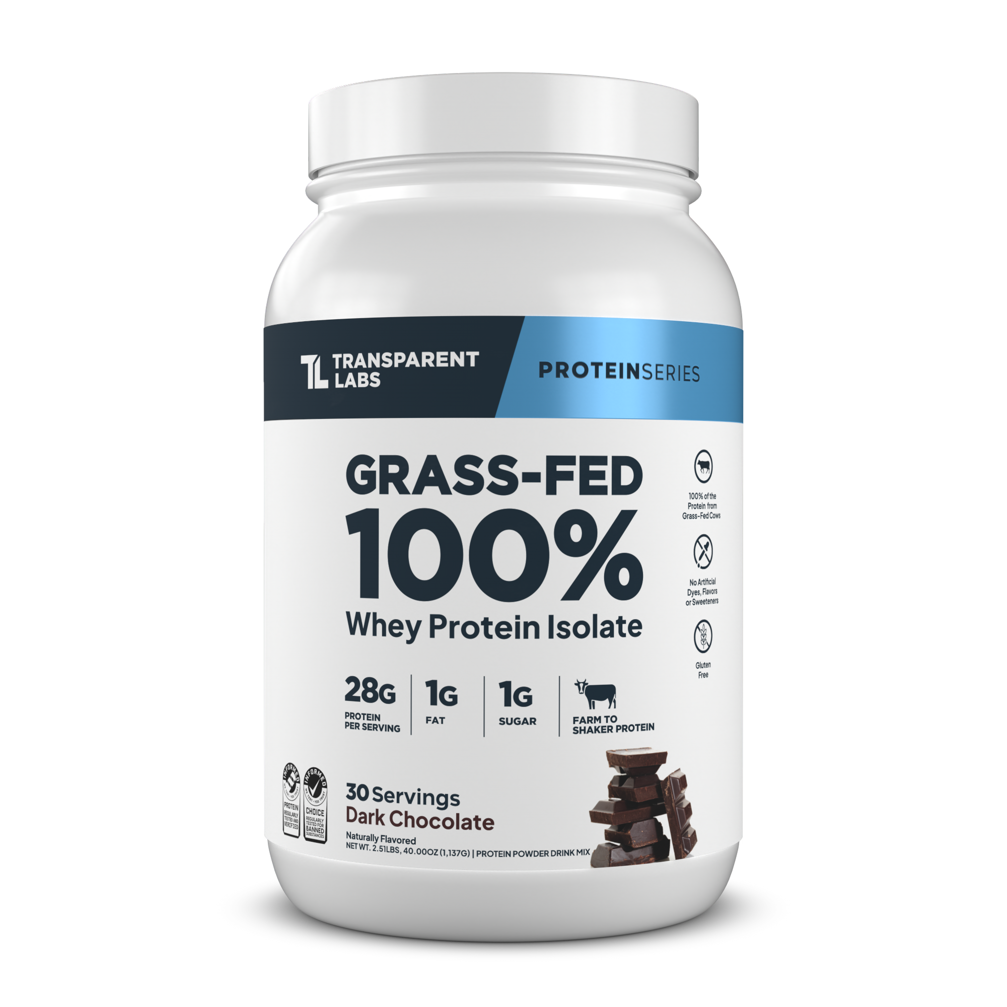 Transparent Labs Grass-Fed Whey Protein Isolate, Dark Chocolate, 2LB container