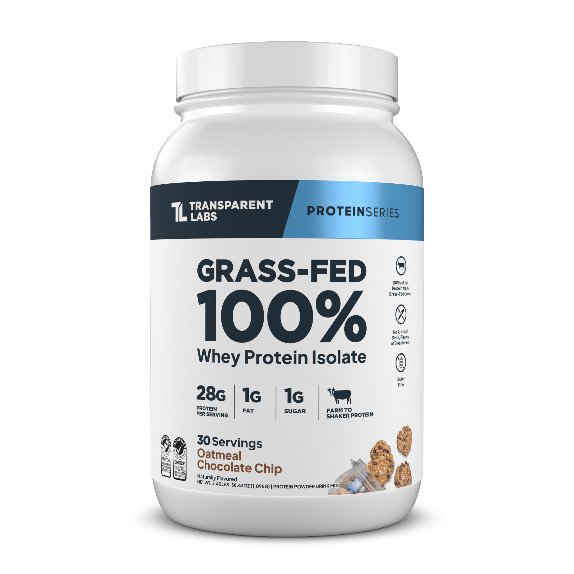Transparent Labs Grass-Fed Whey Protein Isolate, Oatmeal Chocolate Chip Cookie, 2LB container
